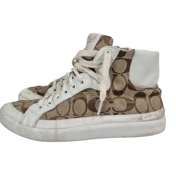 Coach Signature & Leather Ellis Khaki / White High Top Sneakers 8 - Picture 6 of 8